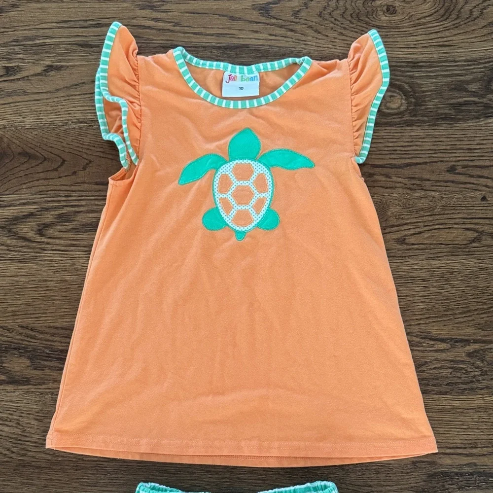 Jelly Beans Orange & Mint Turtle Applique Kids Matching Set girls 10